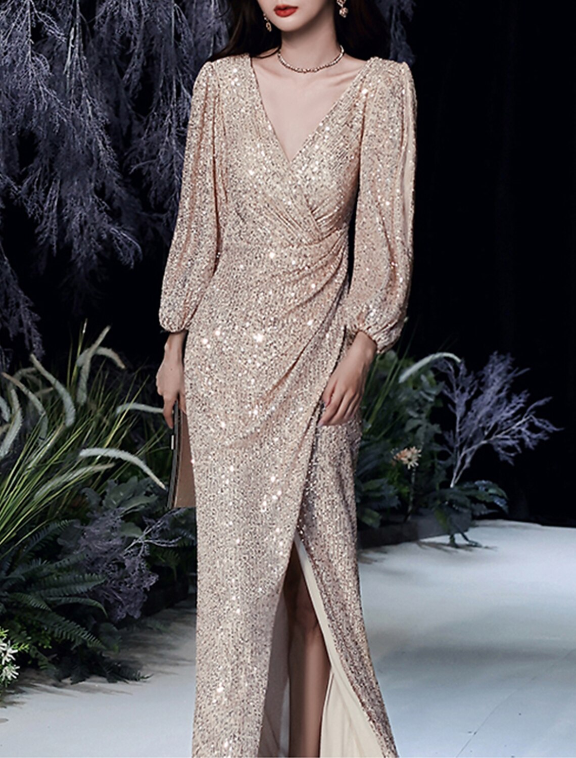 Mermaid / Trumpet Sparkle Elegant Prom Formal Evening Dress V Neck Long Sleeve Floor Length Sequined with Sequin Slit